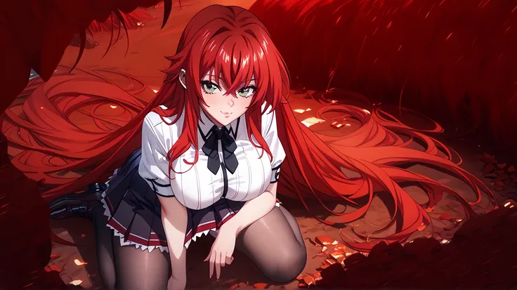   Sexy rias gremory, UHD, Wearing a very sexy school uniform,  dark gray tights ,  red hair,  Long hair ,  big breasts , voluptuous, In a reddish wasteland,  on their knees ,