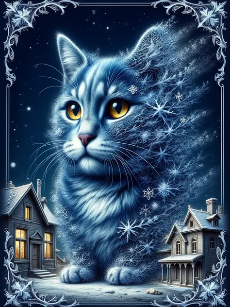  Christmas card. Line drawing. Dark blue color, cobalt blue. White line drawing. Thin lines. Frame. Complex ornamentation, baroque, neo-rococo. Double exposure. Surrealism. Cat created from snowflakes. Golden eyes and whiskers. Delicate beautiful snowflake...