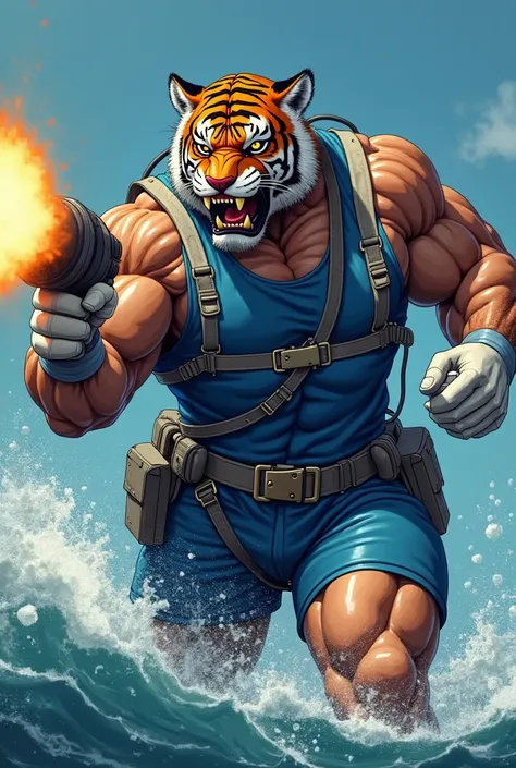 (A rugged beefy extremely muscular bulky angry old man), (wearing blue fully-zipped fullbody wetsuit with short swimming pants that show his muscular thighs), (wearing realistic roaring tiger mask), shooting with cannon, wearing white bulky harness, wearin...