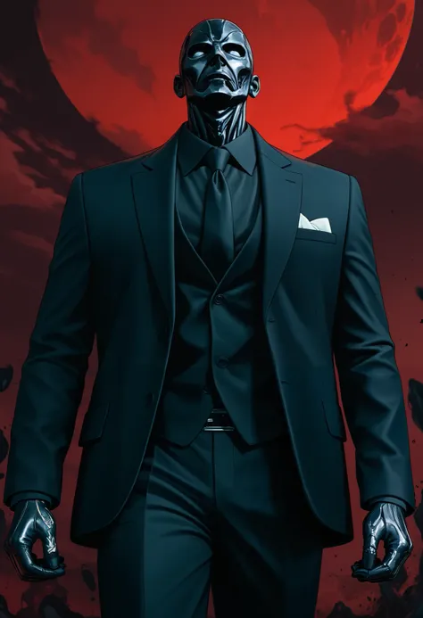  He was wearing a black suit, , stylized figure ,  darkness, red sky