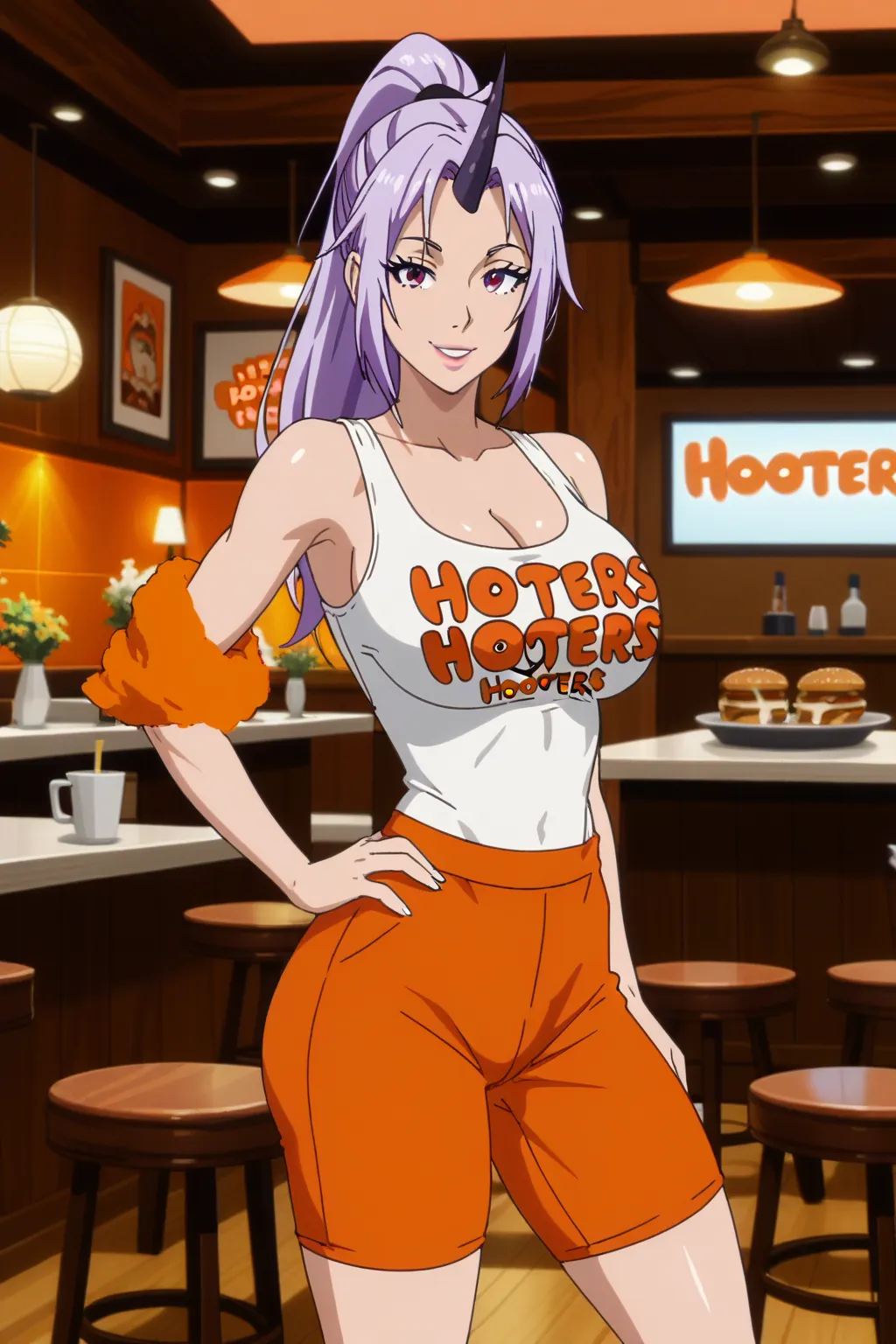 score_7_up, anime screencap, Shion, 1girl, solo, mature woman smile, high ponytail, long hair, purple hair, purple eyes, parted bangs, single horn, flirting, ((looking at viewer)), makeup, bare shoulders, cleavage, hooters uniform, hooters, white tanktop, ...