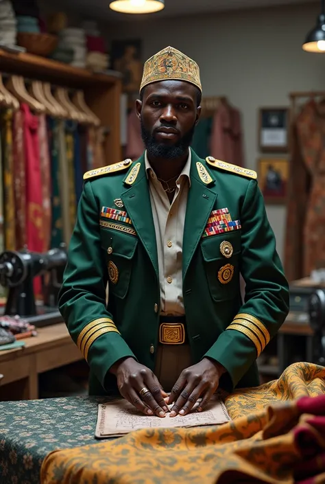 Yahaya Musa fashion designer and a military uniform tailor in his shop