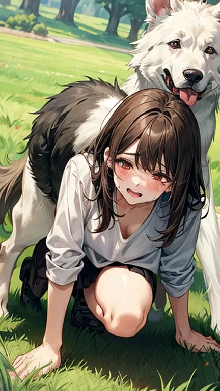 Masterpiece, top quality, highest definition, one adult female, slit eyes, dark hair, one length, brown eyes, model like, beautiful, perfect proportions. Shirt, mini tight skirt. She is on all fours in a grassy field. A large dog is mounted on her back, an...