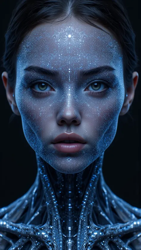 A mesmerizing symmetrical female portrait ， Her features blended into thin icy magic-thin blue lines 。 delicately depicting weighted Voronoi dot fronts and laser optical effects， exudes an eerie and charming appeal 。