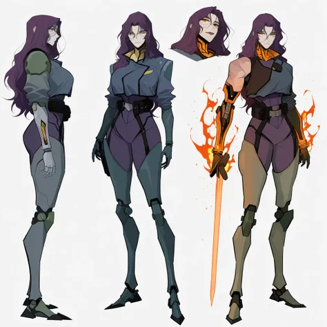 ((score_9, score_8_up, score_7_up), source_anime, tag1, tag2, quality_masterpiece, dynamic character design, female focus, adult woman, orange eyes, dark purple hair, long hair, voluminous hair, cyborg, synthetic body, robotic enhancements, robotic arm, wo...