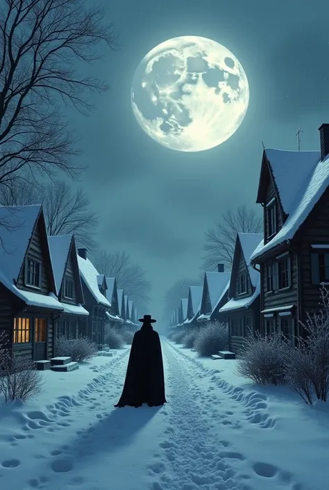 Let me have snowy houses going forward on the sides of the picture, a huge moon at the top of the picture and a man with a black scarf and a black hat like the shadow of the man under the picture, and the ghost in the black cloak next to this man, the blac...