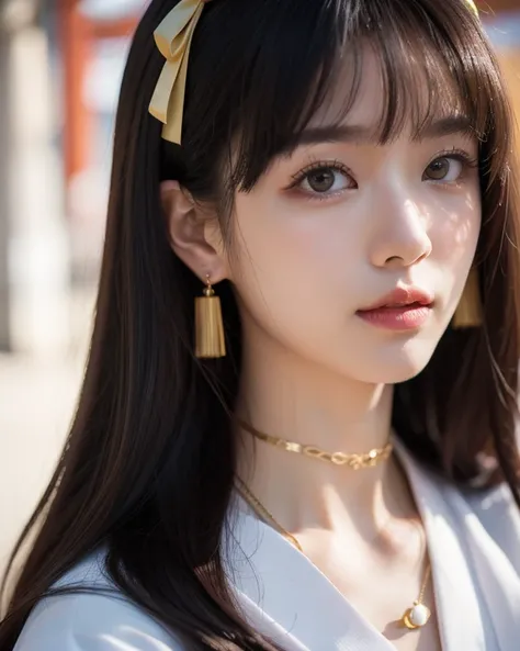 inksplash portrait of stunning oriental woman princess stting outside shinto shrine, long hair, sidelocks, bangs, hair ribbon, earrings, necklace, choker, red and gold kimono, direct gaze, light hitting one side of face, gradient colour background, Japanes...