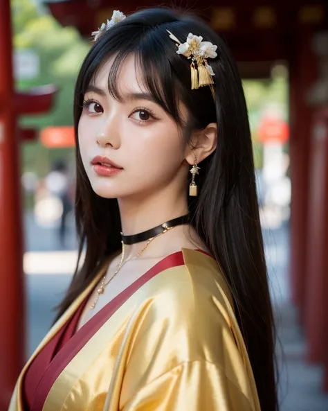 inksplash portrait of stunning oriental woman princess stting outside shinto shrine, long hair, sidelocks, bangs, hair ribbon, earrings, necklace, choker, red and gold kimono, direct gaze, light hitting one side of face, gradient colour background, Japanes...