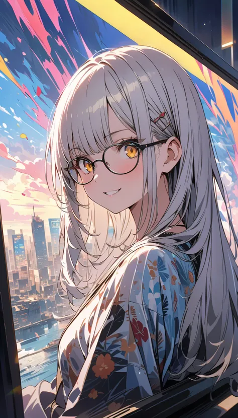 Glasses、Glasses、glowing eyes、long hair, gray hair, masterpiece, top quality, very beautiful, absurd, with bangs, glasses, yellow eyes, yellow eyes, Glasses、Anime style,  super detailed illustration , highly   Details,  dynamic angle , beautiful   Details, ...