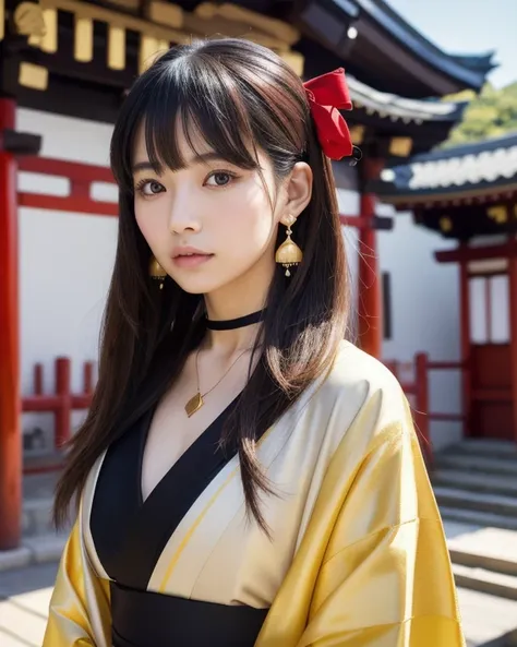 inksplash portrait of stunning oriental woman princess stting outside shinto shrine, long hair, sidelocks, bangs, hair ribbon, earrings, necklace, choker, red and gold kimono, direct gaze, light hitting one side of face, gradient colour background, Japanes...