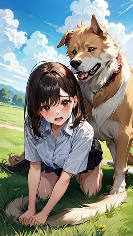 Masterpiece, top quality, highest definition, one adult female, slit eyes, dark hair, one length, brown eyes, model like, beautiful, perfect proportions. Shirt, mini tight skirt. She is on all fours in a grassy field.nsfw、 A large dog is mounted on her bac...