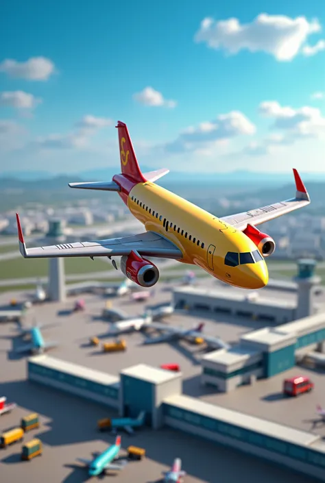 Playmobil passenger plane flies low over an airport