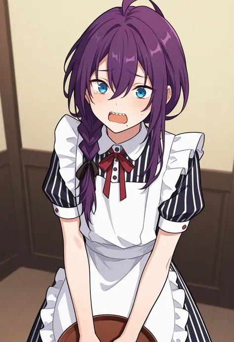 masterpiece, best quality, 
mayoi, 1boy, cute, solo, purple hair, braid, single braid, long hair, ahoge, hair between eyes, hair over shoulder, ribbon, hair ribbon, blue eyes, mole, mole under mouth, sharp teeth, food, holding tray of food, maid outfit, st...