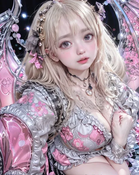  1 beautiful girl, round face、 big eyes、Droopy eyes、 Medium Breasts,  platinum blonde hair , short bob with sisters,  straight hair,  heavy red, black, and gold Gothic Lolita fashion 、 gold and silver jewelry 、 Exquisite pattern 、Outdoors,  choker ,   gart...