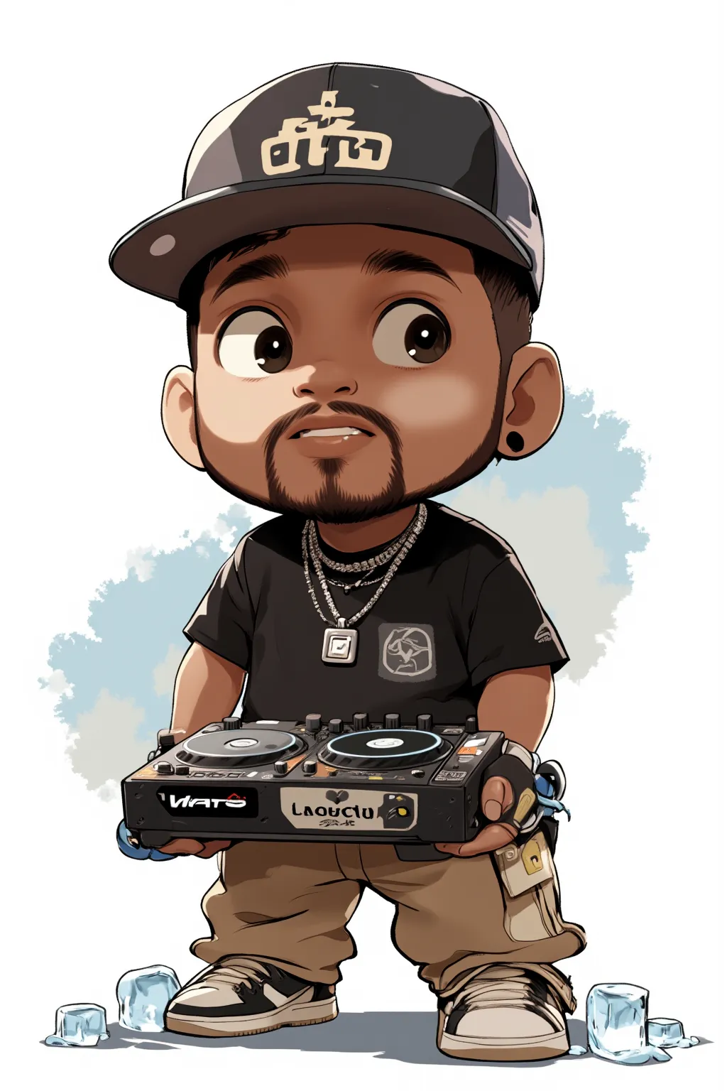 Digital rendering of a cartoon of a man wearing a baseball cap holding an MPC,B-BOY'S MAN , promo rendering,  3D character ,  3D character デザイン,  Official Art,Ice cubes,  lo-fi hip hop ,  master stroke ,  Animated Characters,   cartoon character  ,  3D ANI...