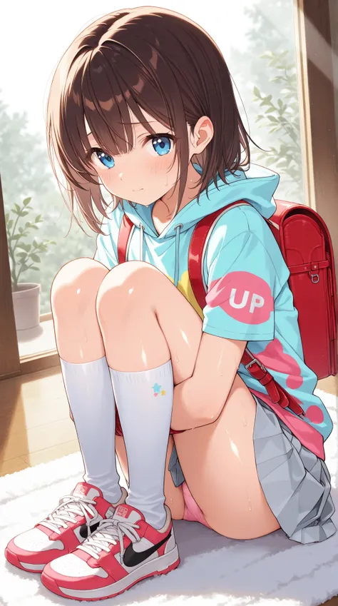  top quality、  Hi-Res,  Masterpiece,  anatomically correct,  High Details ,  textured skin,  one girl ,、small girl, very shy expression :1.2、 mouth、 sky blue eyes,  indoor, Shiny dark brown hair :1.3, Hairstyle:medium hair, colorful shirt for girls, hoodie...