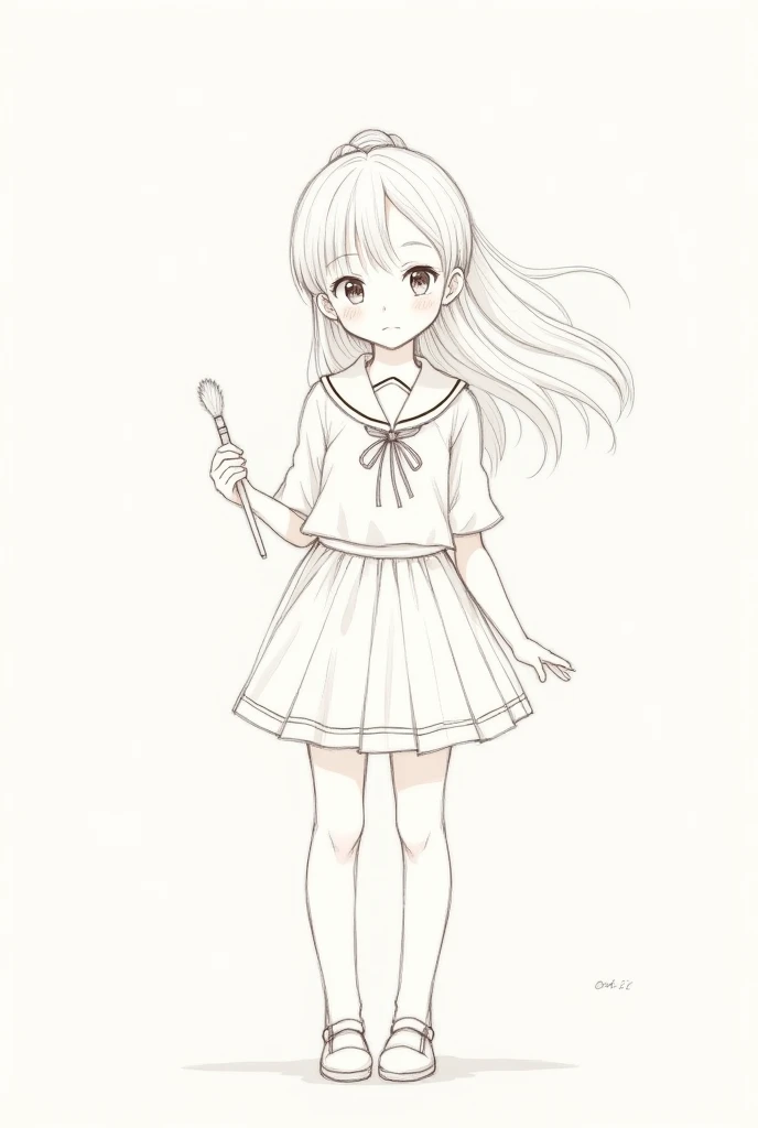 1 girl, long hair, looking at the viewer,cute,serafuku,Line art,sketch, Full Body, hair tie, small ,brush,pencil