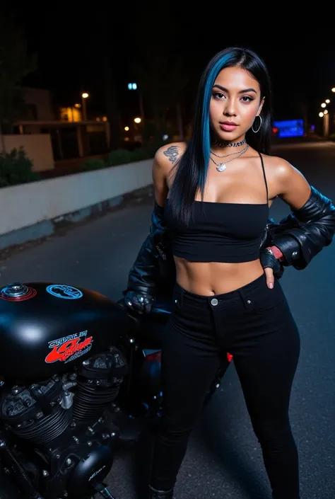 A confident 19-year-old Mexican-American biker girl standing next to a custom matte black motorcycle with glowing neon blue and red accents. She has sleek black hair with electric blue streaks running through it, styled in an edgy and rebellious fashion. H...