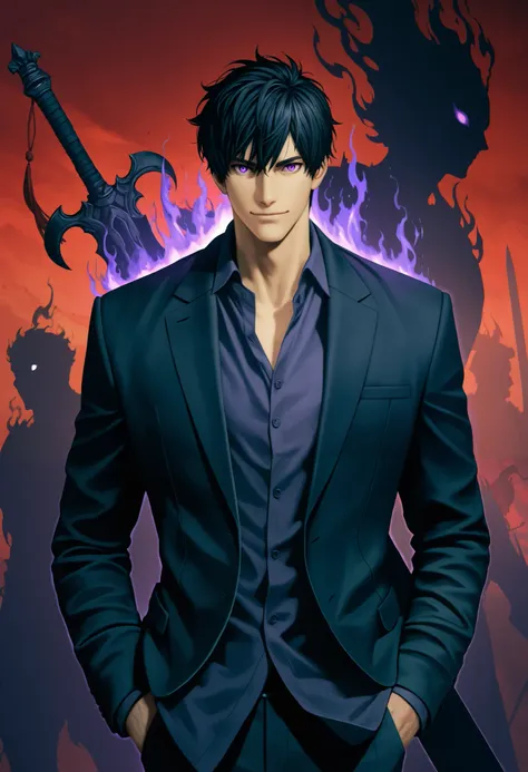 1 boy, Sung Jin-Woo (solo leveling), standing front view, upper body, bright eyes, calm look, aura, silhouette, hands in pockets, looking at viewer, light smile, stylized figure, epic pose, confidence and security, monarch of shadows, in the background the...