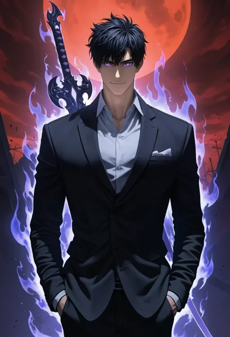 1 boy, Sung Jin-Woo (solo leveling), standing front view, upper body, bright eyes, calm look, aura, silhouette, hands in pockets, looking at viewer, light smile, stylized figure, epic pose, confidence and security, monarch of shadows, in the background the...