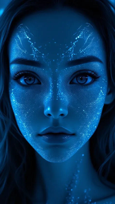 A mesmerizing symmetrical female portrait ， Her features blended into thin icy magic-thin blue lines 。 delicately depicting weighted Voronoi dot fronts and laser optical effects， exudes an eerie and charming appeal 。