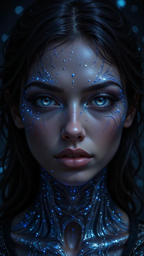 A mesmerizing symmetrical female portrait ， Her features blended into thin icy magic-thin blue lines 。 delicately depicting weighted Voronoi dot fronts and laser optical effects， exudes an eerie and charming appeal 。