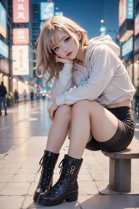  white hoodie　Black shorts　 black tights　blonde girl in black boots　 night city　　