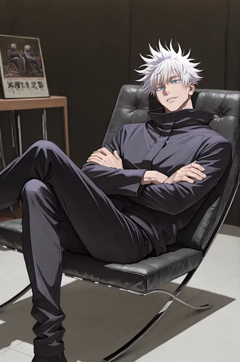 (masterpiece, best quality), best score, amazing quality, very aesthetic, absurdres, highres, newest, HDR, 8K, high detail RAW color art, 1boy, gojou satoru, jujutsu kaisen, blue eyes, white hair, sitting, black barcelona chair, barcelona chair, no armrest...