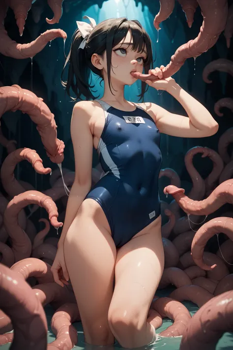  beautiful girl　  black hair　  ponytail on panty　 white ribbon scrunchies　  Japanese high school girl　 competitive swimsuit　 Attacked by Tentacles 　fear　 tentacles that close their eyes　Nipples　milking　cave