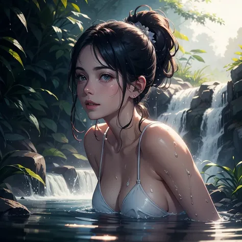 Night scene, close-up photo of Galadriel, small breasts, bathing near the waterfall, body soaked in water, lean cheeks, (sharp ears:1.2), wet hair, chin up, seductive face, no bra, stones, pure water, cleavage show, water on the body, realistic pores on th...