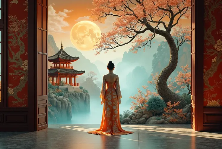 Pagoda and tree 々A hologram china dress incorporating a close-up of a wall with a picture of , an ultrafine detailed painting inspired by Ma Yuan, polycount, Cloisonné,    , Oriental Wallpaper , Close up of an ancient Chinese ornate ,  There is a stippled ...