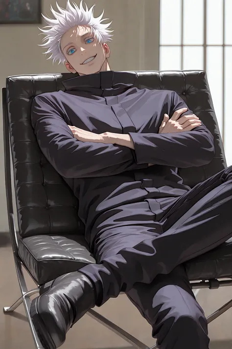 (masterpiece, best quality), best score, amazing quality, very aesthetic, absurdres, highres, newest, HDR, 8K, high detail RAW color art, 1boy, gojou satoru, jujutsu kaisen, blue eyes, white hair, sitting, black barcelona chair, barcelona chair, no armrest...