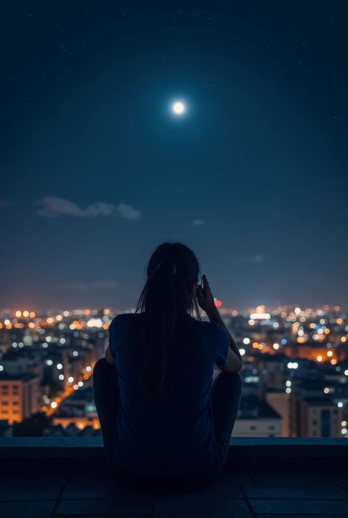 A person sitting on a rooftop at night, looking at the stars.

A person sitting on a rooftop at night, with their back to the camera.

A person sitting on a rooftop at night, with their head in their hands.

A person sitting on a rooftop at night, with a c...