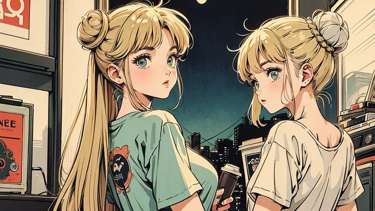 1 person,   Blonde Long Hair ,   I'm studying 80s anime style ,  holding coffee in hand, Retro,  lo-fi, night view, Records lined up,Stylish lighting, Wearing a short-sleeved T-shirt, An up of a woman's face seen from the front ,  looking back, bun hairsty...