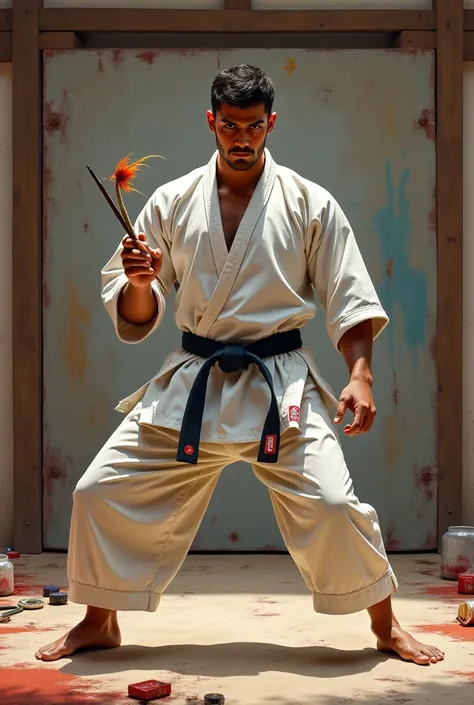  Swarnim practicing a strong karate stance, with an overlay of his hand holding a paintbrush in the same disciplined posture. The background blends an art studio with a dojo.