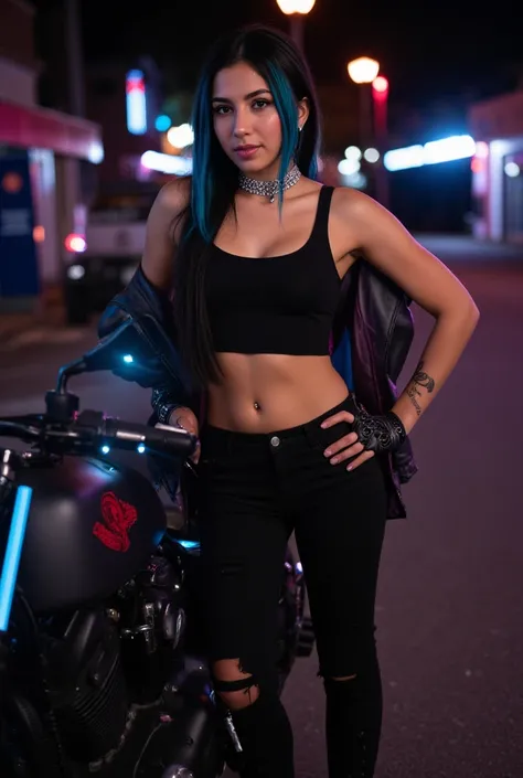 A confident 19-year-old Mexican-American biker girl standing next to a custom matte black motorcycle with glowing neon blue and red accents. She has sleek black hair with electric blue streaks running through it, styled in an edgy and rebellious fashion. H...