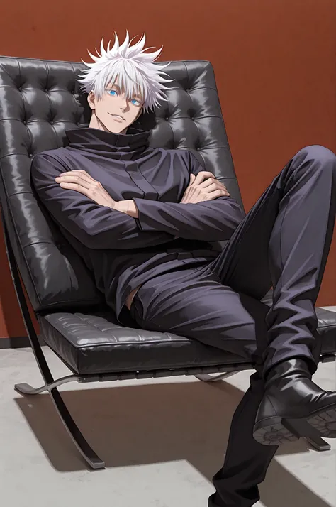 (masterpiece, best quality), best score, amazing quality, very aesthetic, absurdres, highres, newest, HDR, 8K, high detail RAW color art, 1boy, gojou satoru, jujutsu kaisen, blue eyes, white hair, hair between eyes, sitting, black barcelona chair, barcelon...