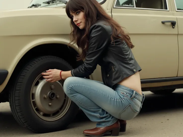 Zooey Deschanel, accroupie, change la roue crevée de sa vielle voiture. jeans moulant taille très basse sous le nombril. veste cuir très courte à manches longues, ajustée et boutonnée. T-shirt sous la veste. photo en pied. bas du dos. qualité photo HD. 