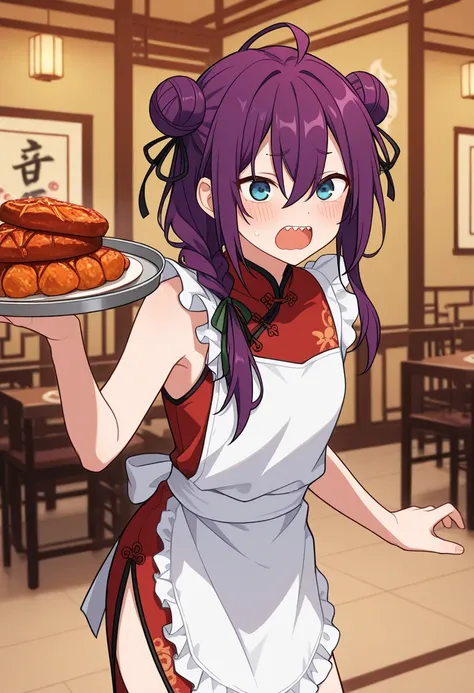 masterpiece, best quality, 
mayoi, 1girl, kawaii, solo, purple hair, hair buns, twin hair buns, long hair, ahoge, hair between eyes, fringe over shoulder, frilly apron, china dress, blue eyes, mole, mole under mouth, red china dress, short china dress, bar...