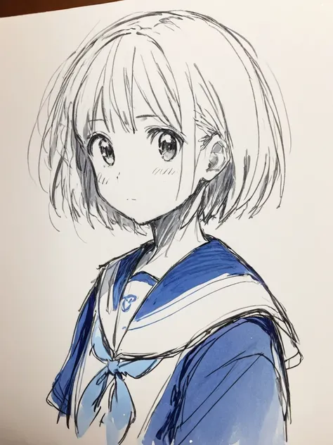 Sketch, grown-up girl, short hair, shy expression, sailor suit