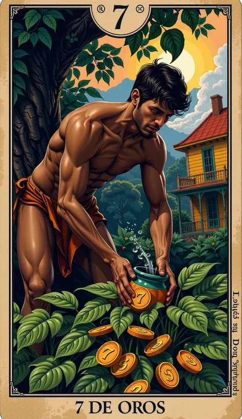 carta de tarot, ((text "7 de oros")) young masculine strong latino, cinammon skin, roman nose, soft skin, black eyes, thin lips, oval face, heart yawil, short wave black hair, hairless fitness slender muscled taller, smiling, ((naked man curved erected pen...