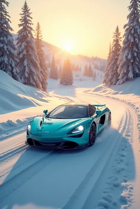 Turquoise blue deep sun car in a snowy landscape