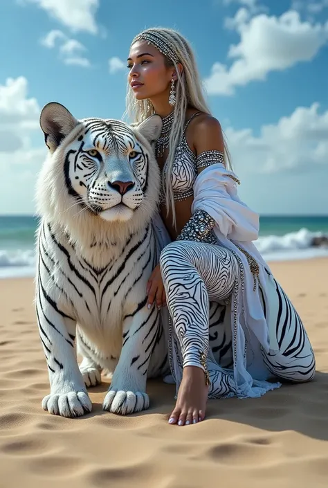 she is sitting on a colourful tiger on the beach