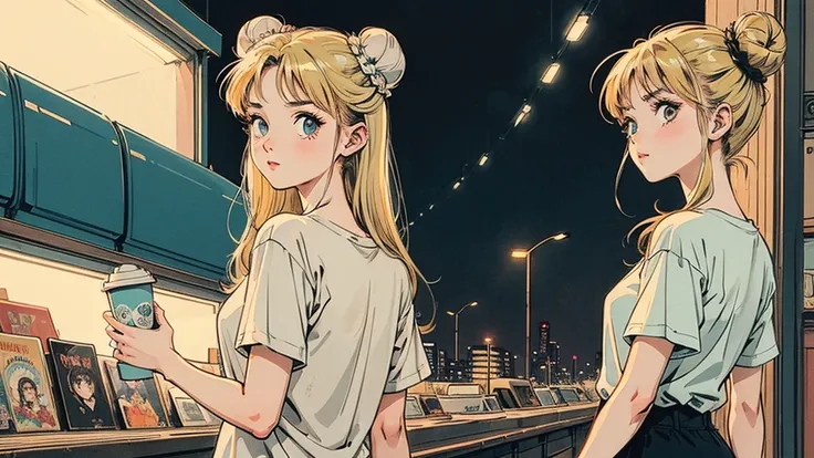 1 person,   Blonde Long Hair ,   I'm studying 80s anime style ,  holding coffee in hand, Retro,  lo-fi, night view, Records lined up,Stylish lighting, Wearing a short-sleeved T-shirt, An up of a woman's face seen from the front ,  looking back, bun hairsty...