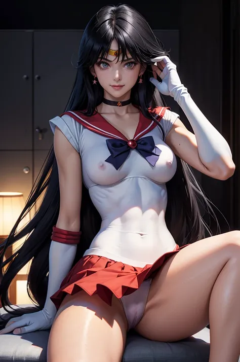  in the seat, ( Sailor Mars),   black hair,  blue eyes, , chest, chest元, clavicle, shy, nail,  hair ornament,  Watch Viewers , shy smile,  Broken Lips,  No Grey School Girl Skirt、No Hem Raised Skirt 、white lace thong, White elbow gloves,   knee-high stocki...