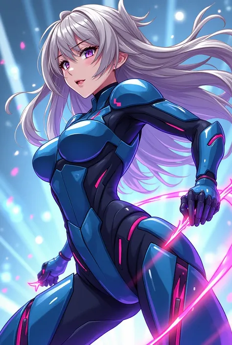 An anime-style vector design of a character with futuristic armor in a dynamic action pose. The character has flowing hair and expressive eyes. The armor combines modern technology and traditional anime aesthetics, with sleek lines and a bright color palet...