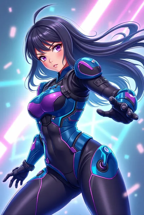 An anime-style vector design of a character with futuristic armor in a dynamic action pose. The character has flowing hair and expressive eyes. The armor combines modern technology and traditional anime aesthetics, with sleek lines and a bright color palet...