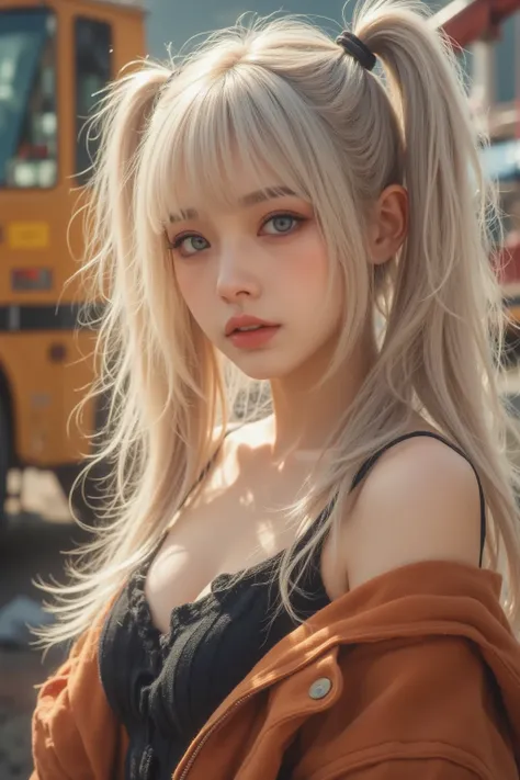 xuer dieselpunk, 1girl, blonde hair, looking at viewer, solo, jacket, breasts, blue eyes, from side, ground vehicle, small breasts, blurry background, long hair, open clothes, earrings, realistic, jewelry, open jacket, science fiction, depth of field,
