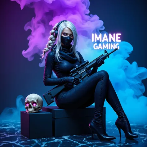 A woman sitting on boxes with her platinum silver black hair carefully styled in a Dutch braid, has a calm yet piercing gaze, enhanced by her dramatic makeup, which includes bold eyeliner, black bandages framing her lower eyes, a mummy-like costume coverin...