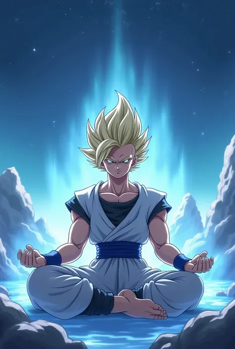 A serene anime-style medium shot of  Goku in Mastered Ultra Instinct, calmly sitting in a lotus position. His eyes are closed, and he has a gentle smile on his face. There is a subtle silver aura around him. The background consists of mystical floating roc...